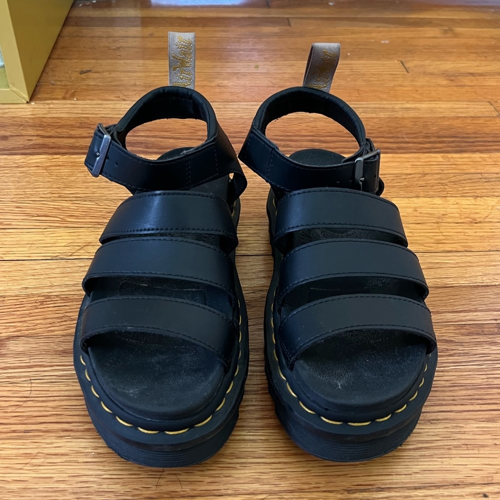 Dr. Martens Black Leather Platform Fisherman Sandals with Yellow Stitching